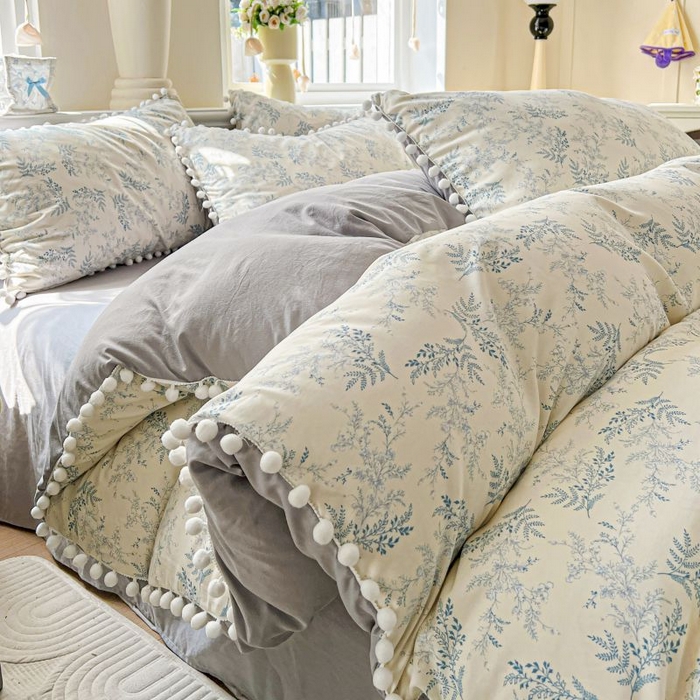 91家纺网 家纺一手货源 找家纺 朵朵家纺 2025新款球球款云感四件套水洗棉简约风小碎花单品单被套（可定制尺寸 ） 蓝颜