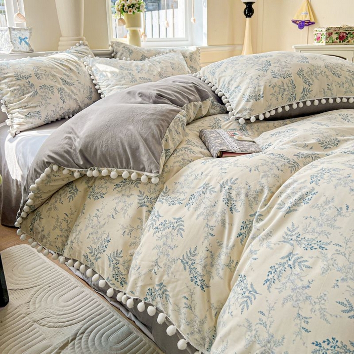 91家纺网 家纺一手货源 找家纺 朵朵家纺 2025新款球球款云感四件套水洗棉简约风小碎花单品单被套（可定制尺寸 ） 蓝颜