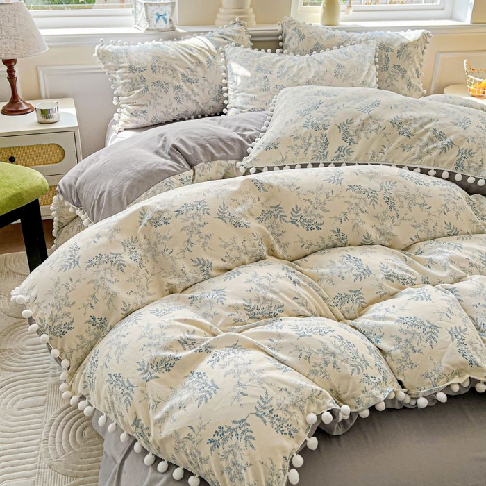 91家纺网 家纺一手货源 找家纺 朵朵家纺 2025新款球球款云感四件套水洗棉简约风小碎花单品单被套（可定制尺寸 ） 蓝颜