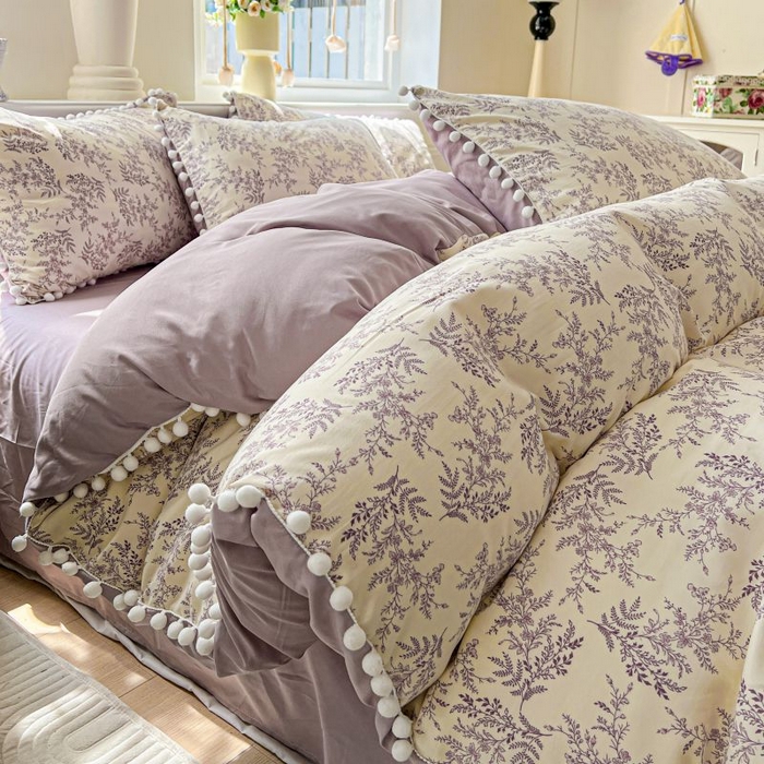 91家纺网 家纺一手货源 找家纺 朵朵家纺 2025新款球球款云感四件套水洗棉简约风小碎花单品单被套（可定制尺寸 ） 紫颜