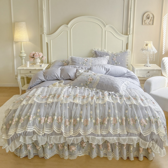 91家纺网 家纺一手货源 找家纺 恋尚 2025新款香奢梦-针织棉床裙四件套 香奢梦-浅灰