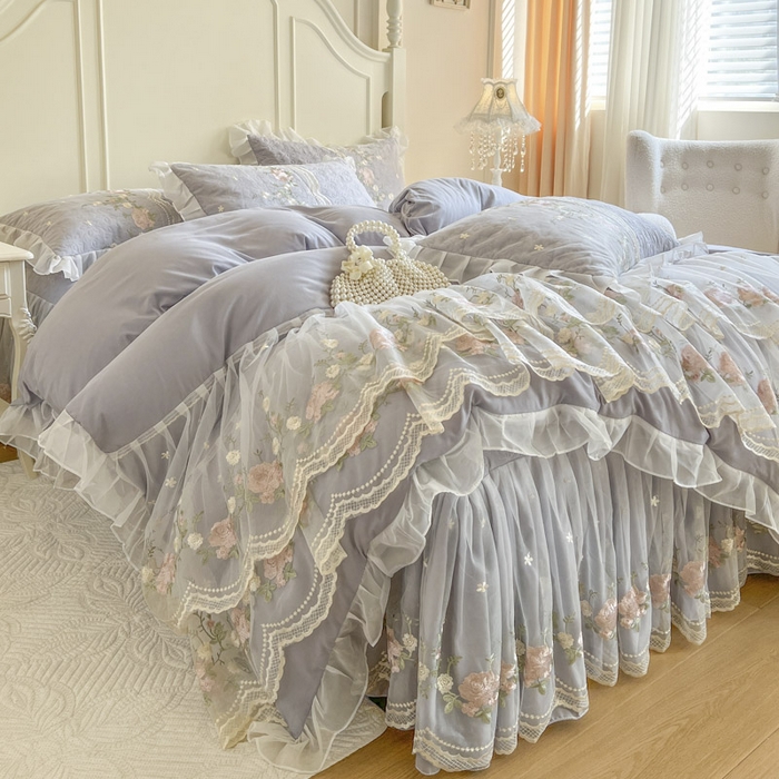 91家纺网 家纺一手货源 找家纺 恋尚 2025新款香奢梦-针织棉床裙四件套 香奢梦-浅灰