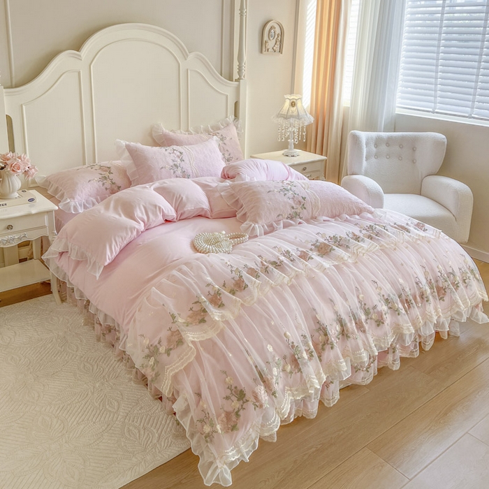 91家纺网 家纺一手货源 找家纺 恋尚 2025新款香奢梦-针织棉床裙四件套 香奢梦-少女粉