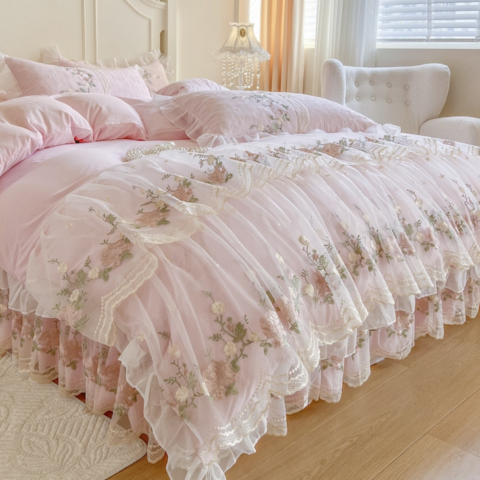 91家纺网 家纺一手货源 找家纺 恋尚 2025新款香奢梦-针织棉床裙四件套 香奢梦-少女粉