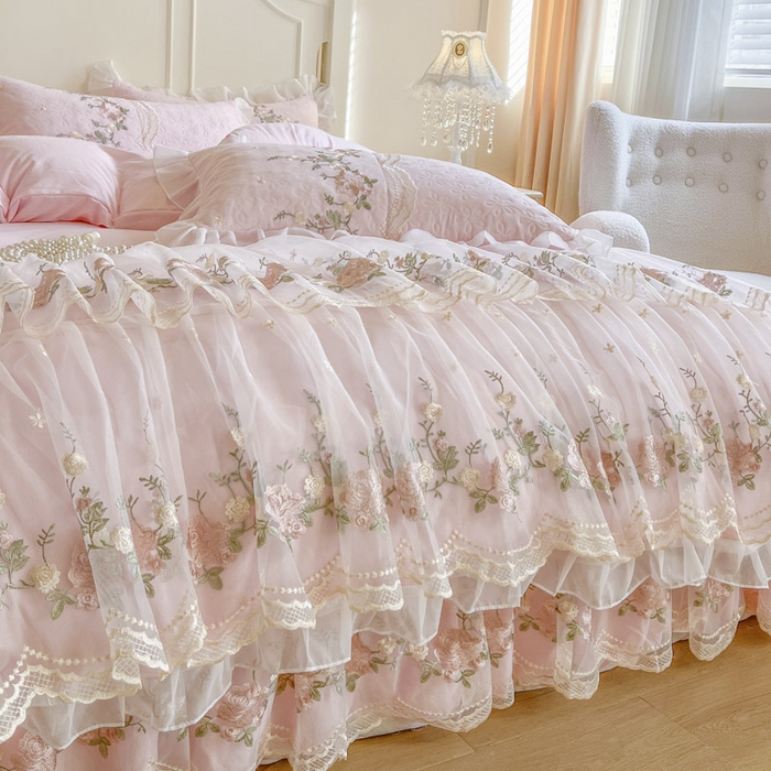 91家纺网 家纺一手货源 找家纺 恋尚 2025新款香奢梦-针织棉床裙四件套 香奢梦-少女粉