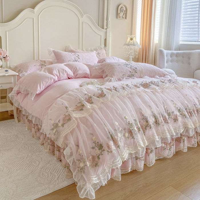 91家纺网 家纺一手货源 找家纺 恋尚 2025新款香奢梦-针织棉床裙四件套 香奢梦-少女粉