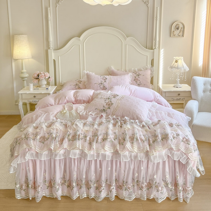 91家纺网 家纺一手货源 找家纺 恋尚 2025新款香奢梦-针织棉床裙四件套 香奢梦-少女粉