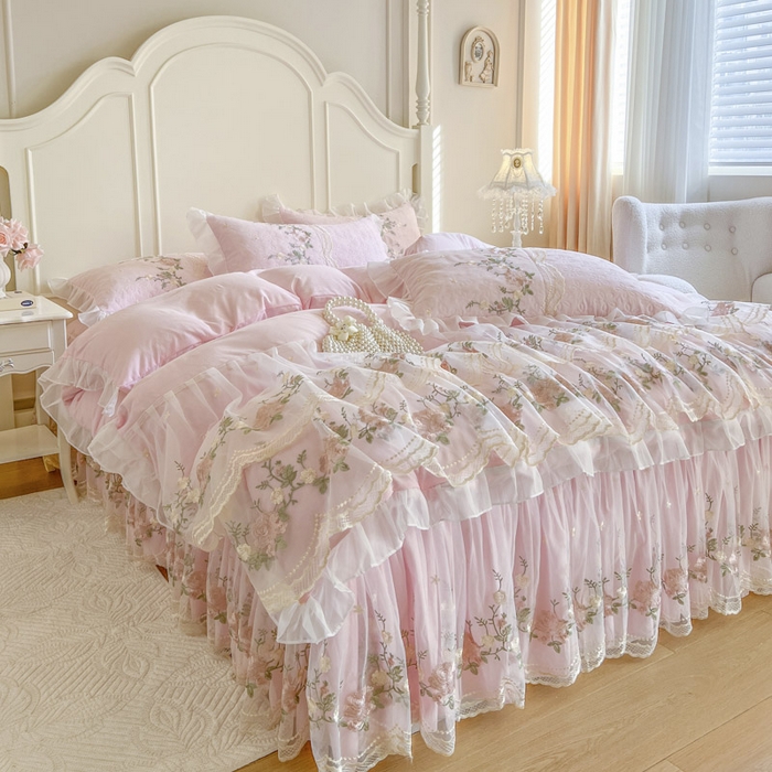 91家纺网 家纺一手货源 找家纺 恋尚 2025新款香奢梦-针织棉床裙四件套 香奢梦-少女粉