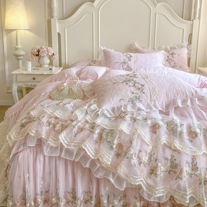 91家纺网 家纺一手货源 找家纺 恋尚 2025新款香奢梦-针织棉床裙四件套 香奢梦-少女粉