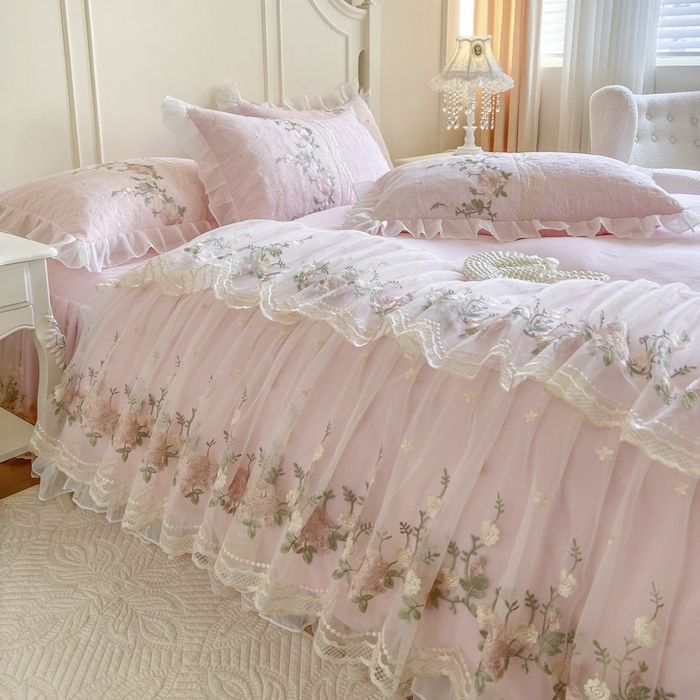 91家纺网 家纺一手货源 找家纺 恋尚 2025新款香奢梦-针织棉床裙四件套 香奢梦-少女粉