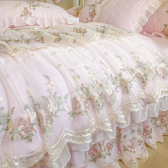 91家纺网 家纺一手货源 找家纺 恋尚 2025新款香奢梦-针织棉床裙四件套 香奢梦-少女粉