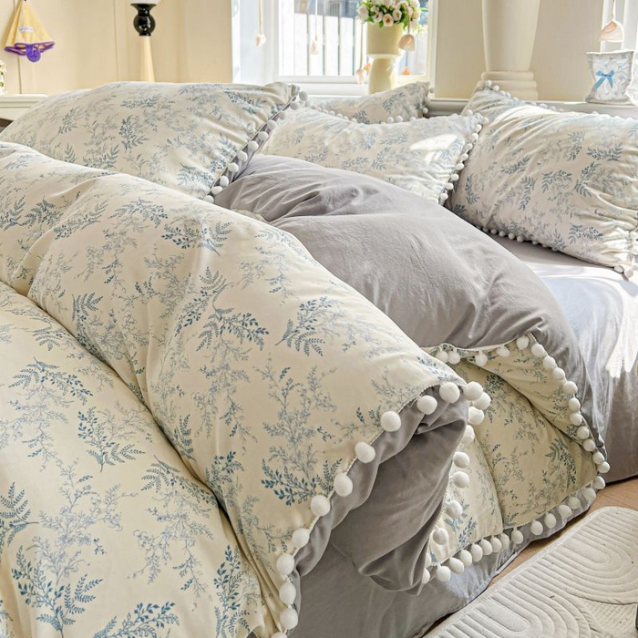 91家纺网 家纺一手货源 找家纺 朵朵家纺 2025新款球球款云感四件套水洗棉简约风小碎花被套三件套（可定制尺寸 ） 蓝颜