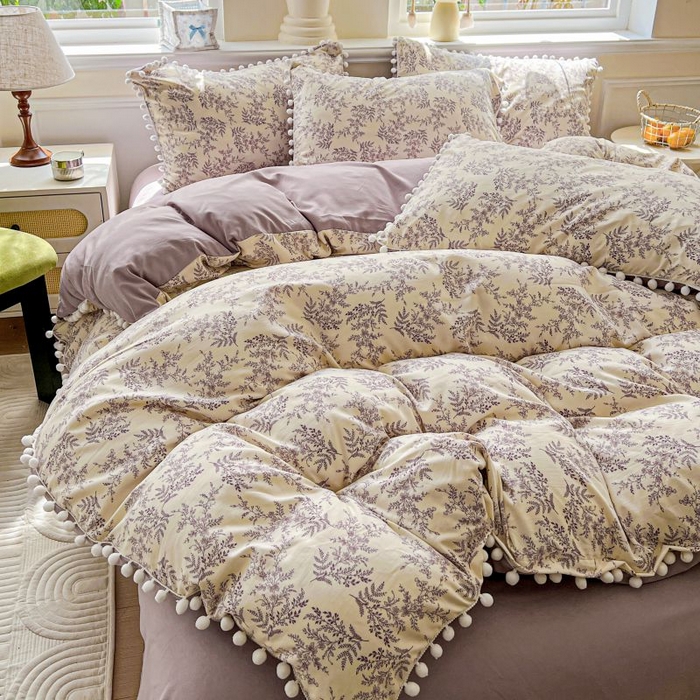 91家纺网 家纺一手货源 找家纺 朵朵家纺 2025新款球球款云感四件套水洗棉简约风小碎花被套三件套（可定制尺寸 ） 紫颜