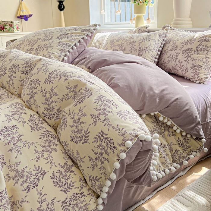 91家纺网 家纺一手货源 找家纺 朵朵家纺 2025新款球球款云感四件套水洗棉简约风小碎花被套三件套（可定制尺寸 ） 紫颜