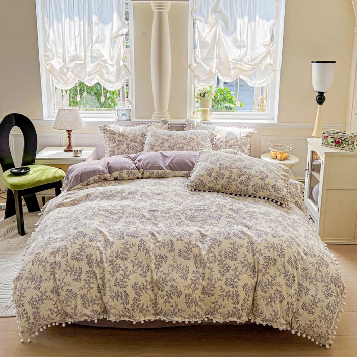 朵朵家纺 2025新款球球款云感四件套水洗棉简约风小碎花被套三件套（可定制尺寸 ） 紫颜