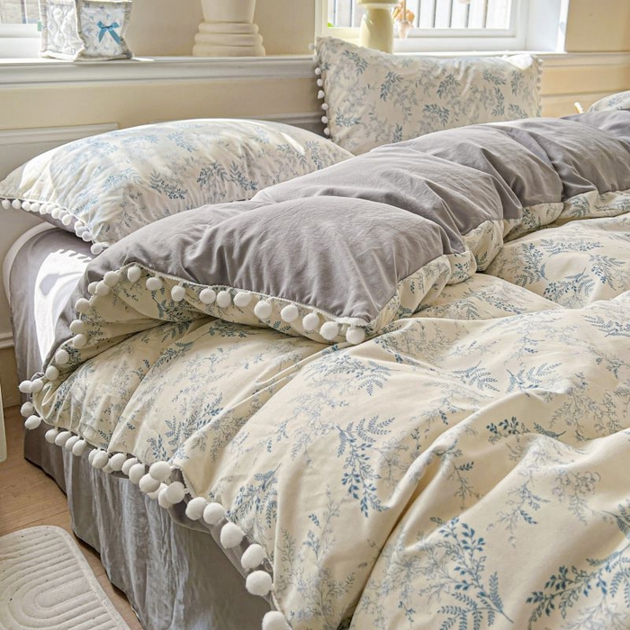 91家纺网 家纺一手货源 找家纺 朵朵家纺 2025新款球球款云感四件套水洗棉简约风小碎花被套三件套（可定制尺寸 ） 蓝颜