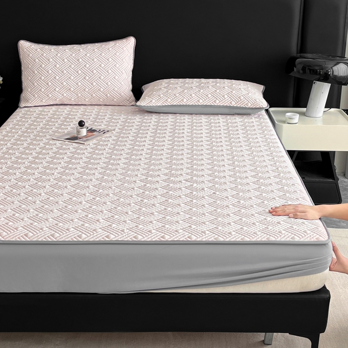 91家纺网 家纺一手货源 找家纺 欧邦 2025新款加厚PE中分子凉感豆豆软席-极简系列 床笠款-极简-粉