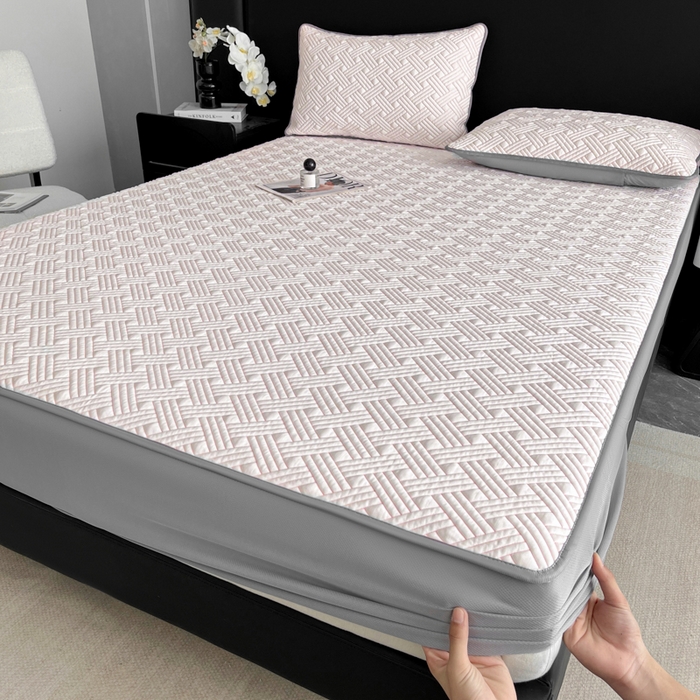 91家纺网 家纺一手货源 找家纺 欧邦 2025新款加厚PE中分子凉感豆豆软席-极简系列 床笠款-极简-粉