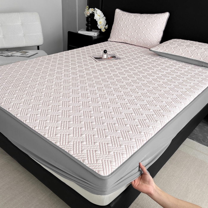 91家纺网 家纺一手货源 找家纺 欧邦 2025新款加厚PE中分子凉感豆豆软席-极简系列 床笠款-极简-粉