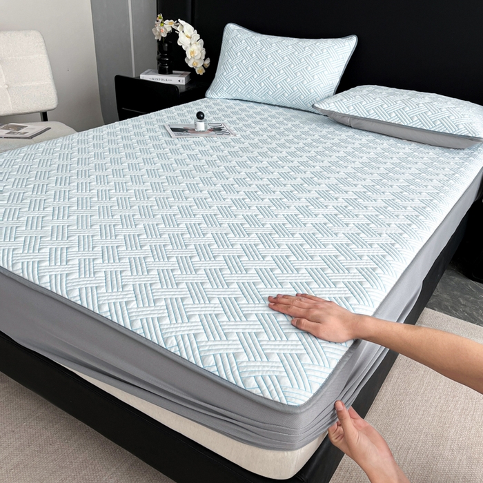 91家纺网 家纺一手货源 找家纺 欧邦 2025新款加厚PE中分子凉感豆豆软席-极简系列 床笠款-极简-蓝