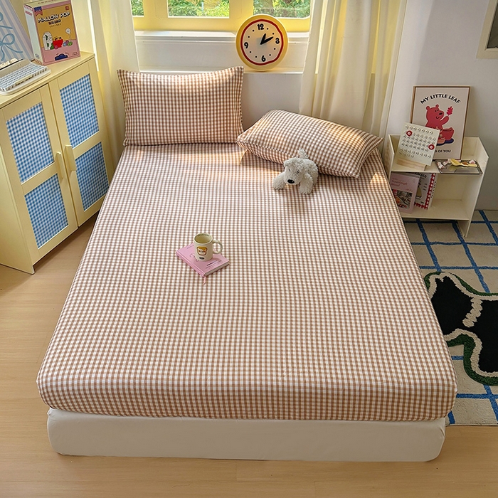 91家纺网 家纺一手货源 找家纺 十一家居 2025新款亲肤裸睡云朵棉水洗棉床笠-洛可系列 豆沙小格