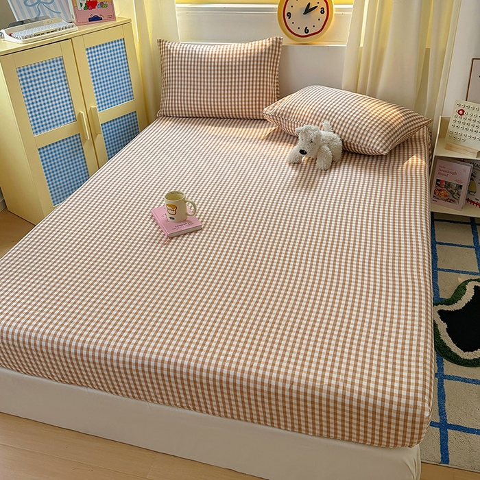 91家纺网 家纺一手货源 找家纺 十一家居 2025新款亲肤裸睡云朵棉水洗棉床笠-洛可系列 豆沙小格