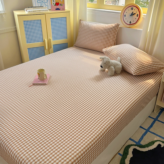 91家纺网 家纺一手货源 找家纺 十一家居 2025新款亲肤裸睡云朵棉水洗棉床笠-洛可系列 豆沙小格