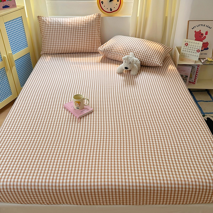 91家纺网 家纺一手货源 找家纺 十一家居 2025新款亲肤裸睡云朵棉水洗棉床笠-洛可系列 豆沙小格