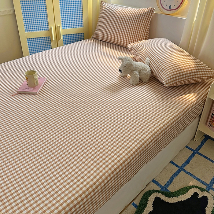 91家纺网 家纺一手货源 找家纺 十一家居 2025新款亲肤裸睡云朵棉水洗棉床笠-洛可系列 豆沙小格