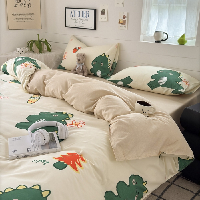 91家纺网 家纺一手货源 找家纺 可可家纺 2025新款印花卡通芦荟棉被套亲肤被罩单件小清新 恐龙宝宝