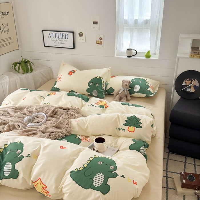 91家纺网 家纺一手货源 找家纺 可可家纺 2025新款印花卡通芦荟棉被套亲肤被罩单件小清新 恐龙宝宝