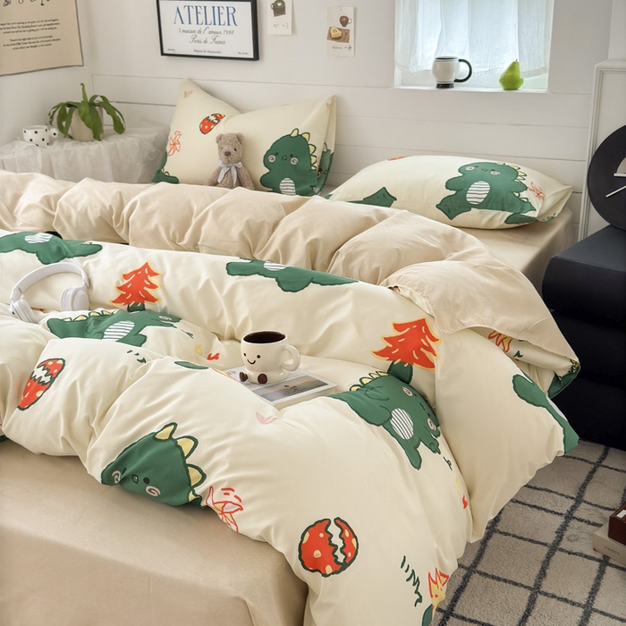 91家纺网 家纺一手货源 找家纺 可可家纺 2025新款印花卡通芦荟棉被套亲肤被罩单件小清新 恐龙宝宝