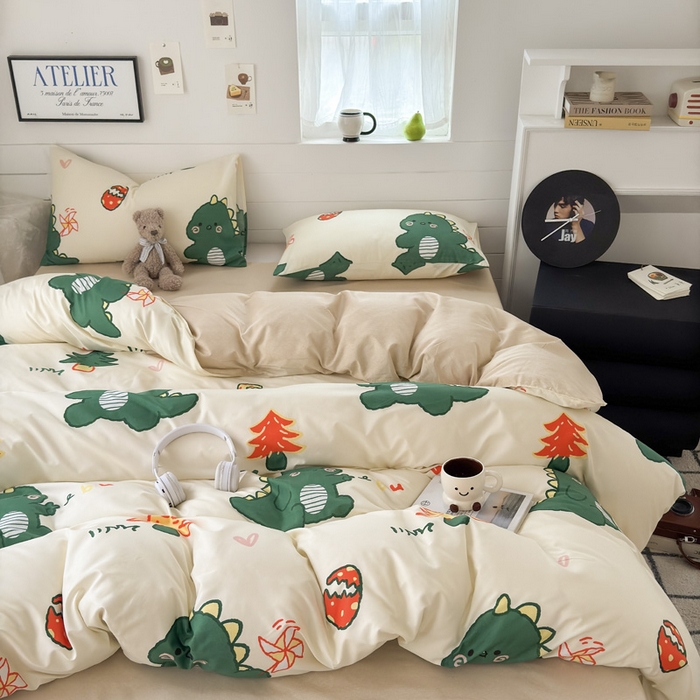 91家纺网 家纺一手货源 找家纺 可可家纺 2025新款印花卡通芦荟棉被套亲肤被罩单件小清新 恐龙宝宝
