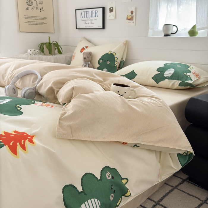 91家纺网 家纺一手货源 找家纺 可可家纺 2025新款印花卡通芦荟棉被套亲肤被罩单件小清新 恐龙宝宝