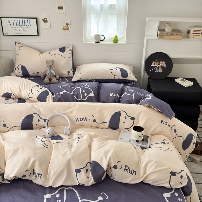 91家纺网 家纺一手货源 找家纺 可可家纺 2025新款印花卡通芦荟棉被套亲肤被罩单件小清新 欢乐小狗