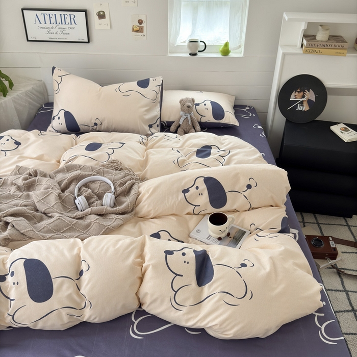 91家纺网 家纺一手货源 找家纺 可可家纺 2025新款印花卡通芦荟棉被套亲肤被罩单件小清新 欢乐小狗