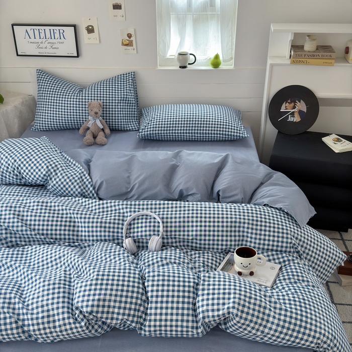 91家纺网 家纺一手货源 找家纺 可可家纺 2025新款印花卡通芦荟棉被套亲肤被罩单件小清新 蓝小格