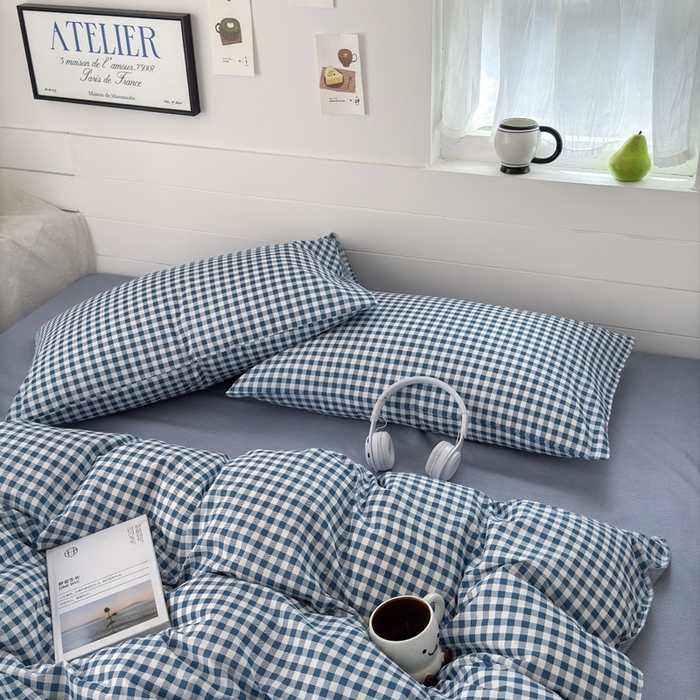 91家纺网 家纺一手货源 找家纺 可可家纺 2025新款印花卡通芦荟棉被套亲肤被罩单件小清新 蓝小格