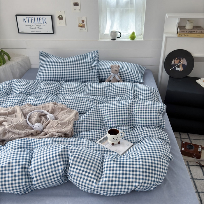 91家纺网 家纺一手货源 找家纺 可可家纺 2025新款印花卡通芦荟棉被套亲肤被罩单件小清新 蓝小格