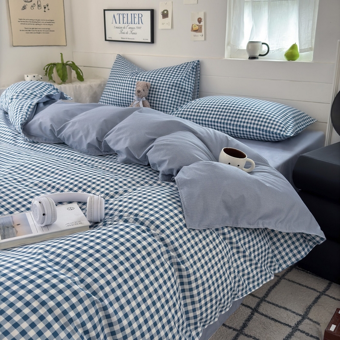 91家纺网 家纺一手货源 找家纺 可可家纺 2025新款印花卡通芦荟棉被套亲肤被罩单件小清新 蓝小格