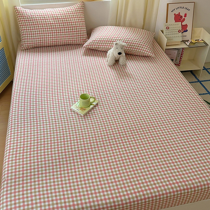 91家纺网 家纺一手货源 找家纺 十一家居 2025新款亲肤裸睡云朵棉水洗棉床笠-洛可系列 粉咖小格