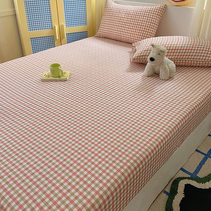 91家纺网 家纺一手货源 找家纺 十一家居 2025新款亲肤裸睡云朵棉水洗棉床笠-洛可系列 粉咖小格