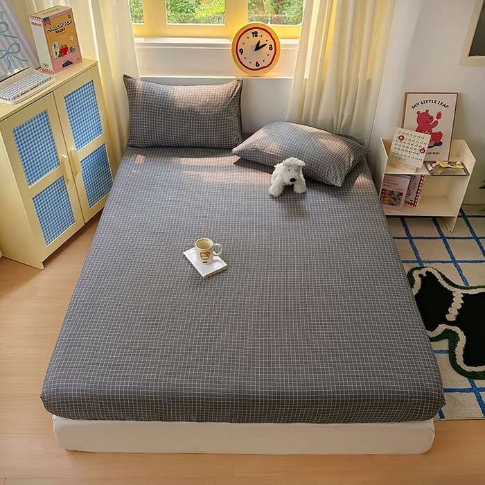 91家纺网 家纺一手货源 找家纺 十一家居 2025新款亲肤裸睡云朵棉水洗棉床笠-洛可系列 黑小格