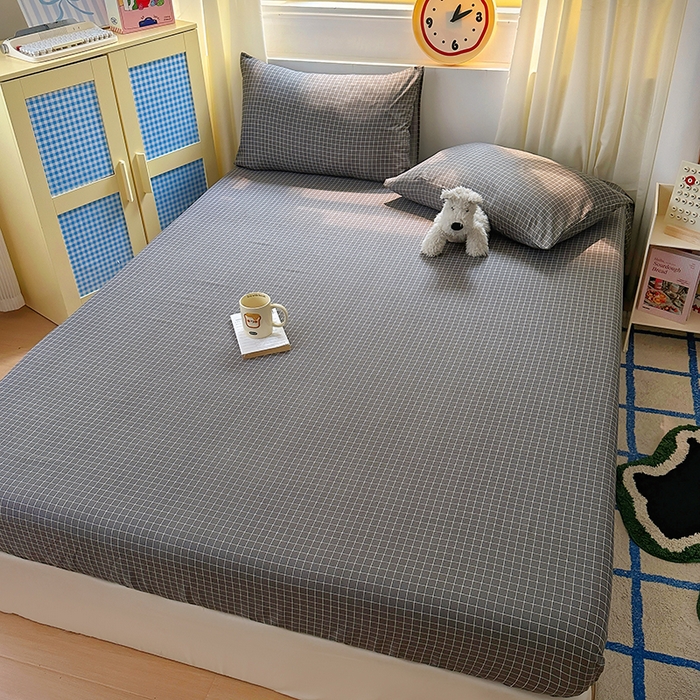 91家纺网 家纺一手货源 找家纺 十一家居 2025新款亲肤裸睡云朵棉水洗棉床笠-洛可系列 黑小格