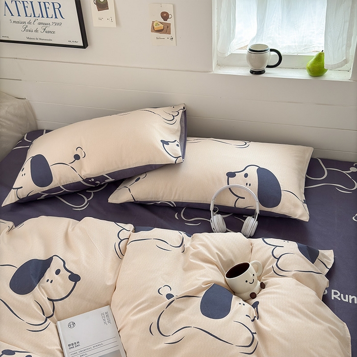 91家纺网 家纺一手货源 找家纺 可可家纺 2025新款印花卡通芦荟棉枕套亲肤信封式枕头套小清新 欢乐小狗