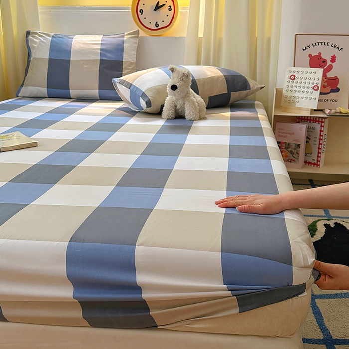 十一家居 2025新款亲肤裸睡云朵棉水洗棉床笠-洛可系列 蓝调大格