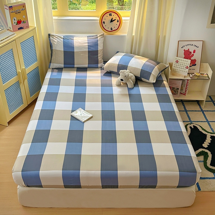 91家纺网 家纺一手货源 找家纺 十一家居 2025新款亲肤裸睡云朵棉水洗棉床笠-洛可系列 蓝调大格