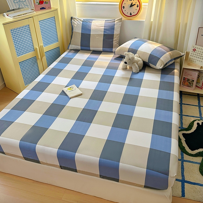 91家纺网 家纺一手货源 找家纺 十一家居 2025新款亲肤裸睡云朵棉水洗棉床笠-洛可系列 蓝调大格