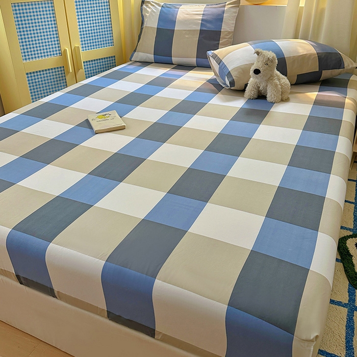 91家纺网 家纺一手货源 找家纺 十一家居 2025新款亲肤裸睡云朵棉水洗棉床笠-洛可系列 蓝调大格