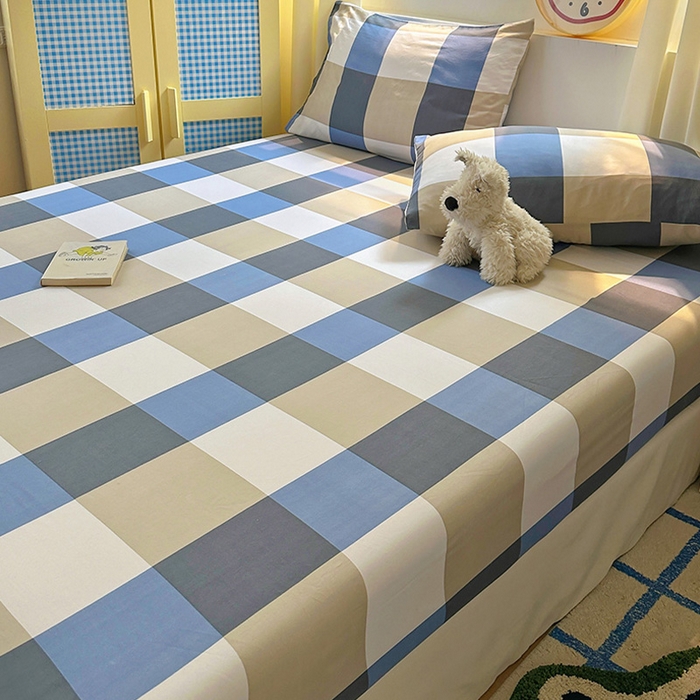 91家纺网 家纺一手货源 找家纺 十一家居 2025新款亲肤裸睡云朵棉水洗棉床笠-洛可系列 蓝调大格